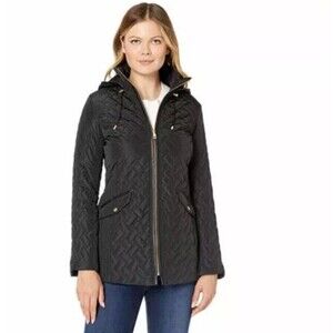 Cole Haan L Black Faux-Leather Trim Quilted Coat Zip Up hooded Jacket